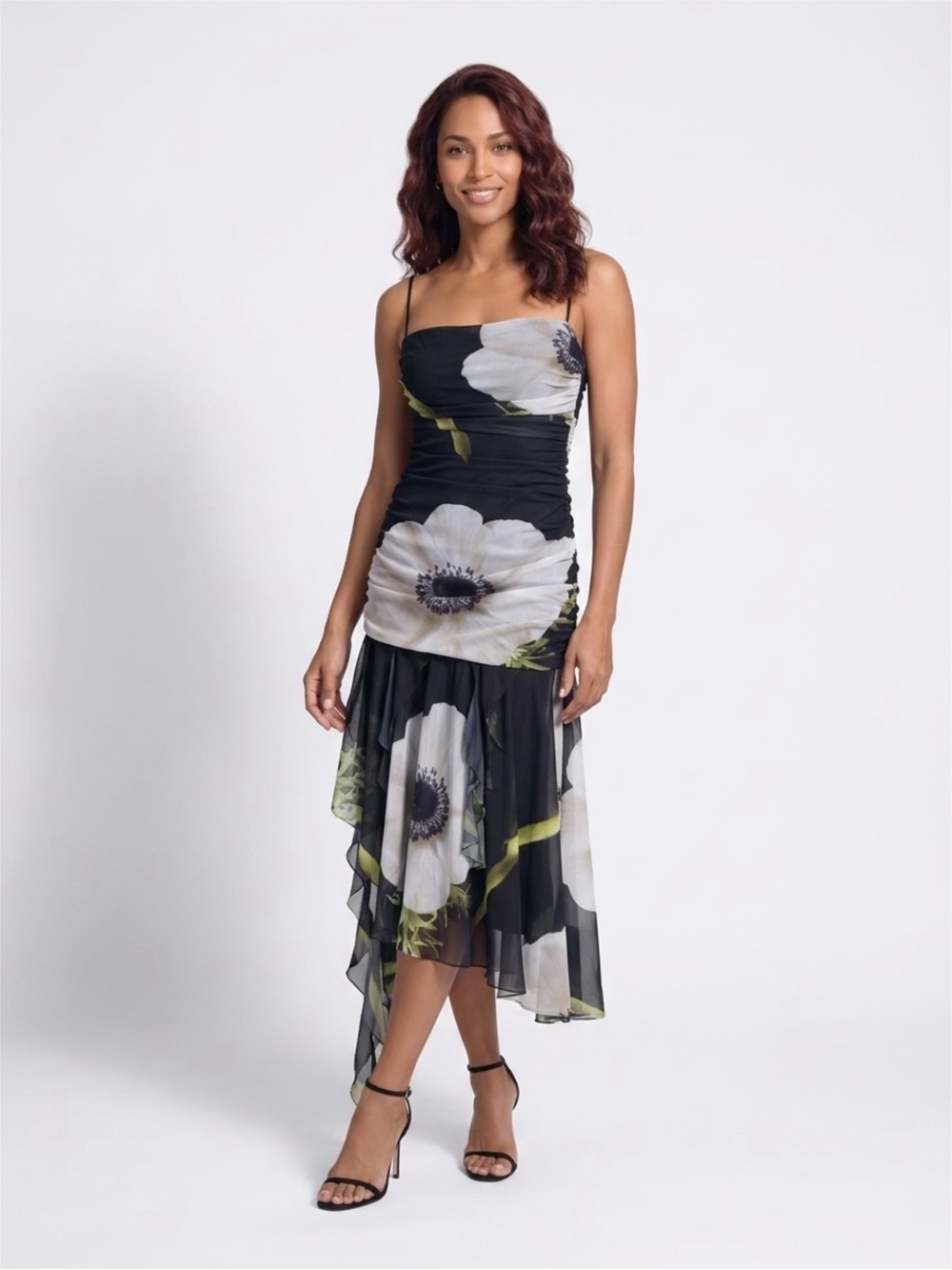 Zara Fliral Asymmetrical Black Midi Steapless Dress with White Blooms